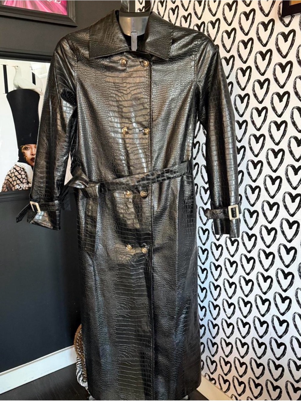 Boohoo Black Faux Croc Double-Breasted Trench Coat